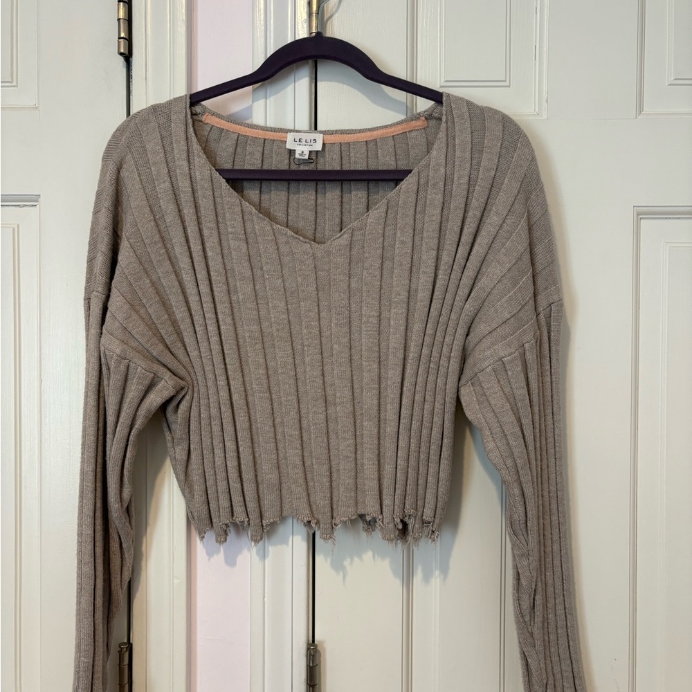 Le Lis Taupe Ribbed V-Neck Cropped Sweater